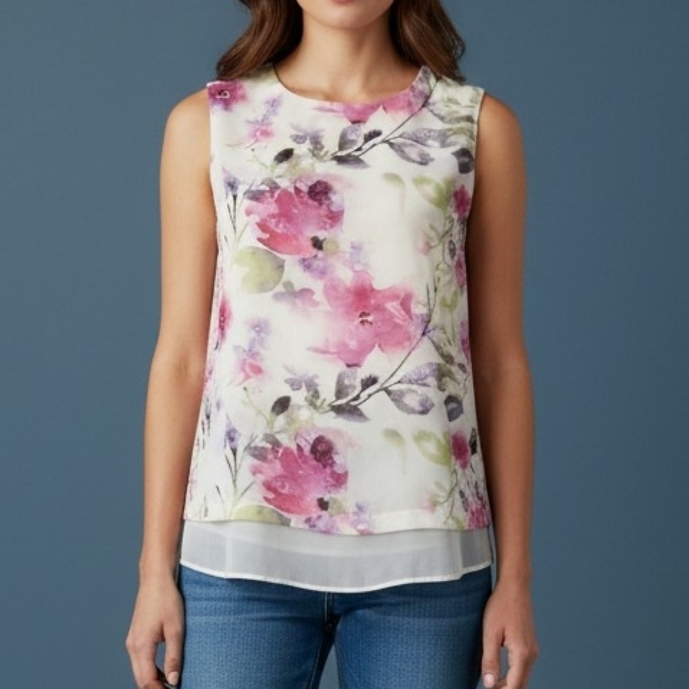 ROSE & OLIVE Fairycore Pink Floral Chiffon Sleeveless Layered Blouse